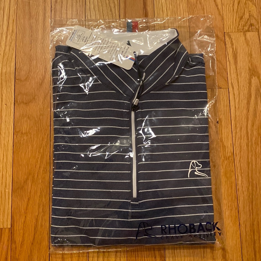 Rhoback WOMEN’S navy blue and white striped quarter-zip!